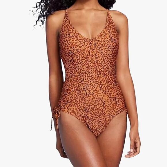 NWOT Shade & Shore One Piece Side Tie Plunge Leopard Print Swimsuit - Picture 3 of 16